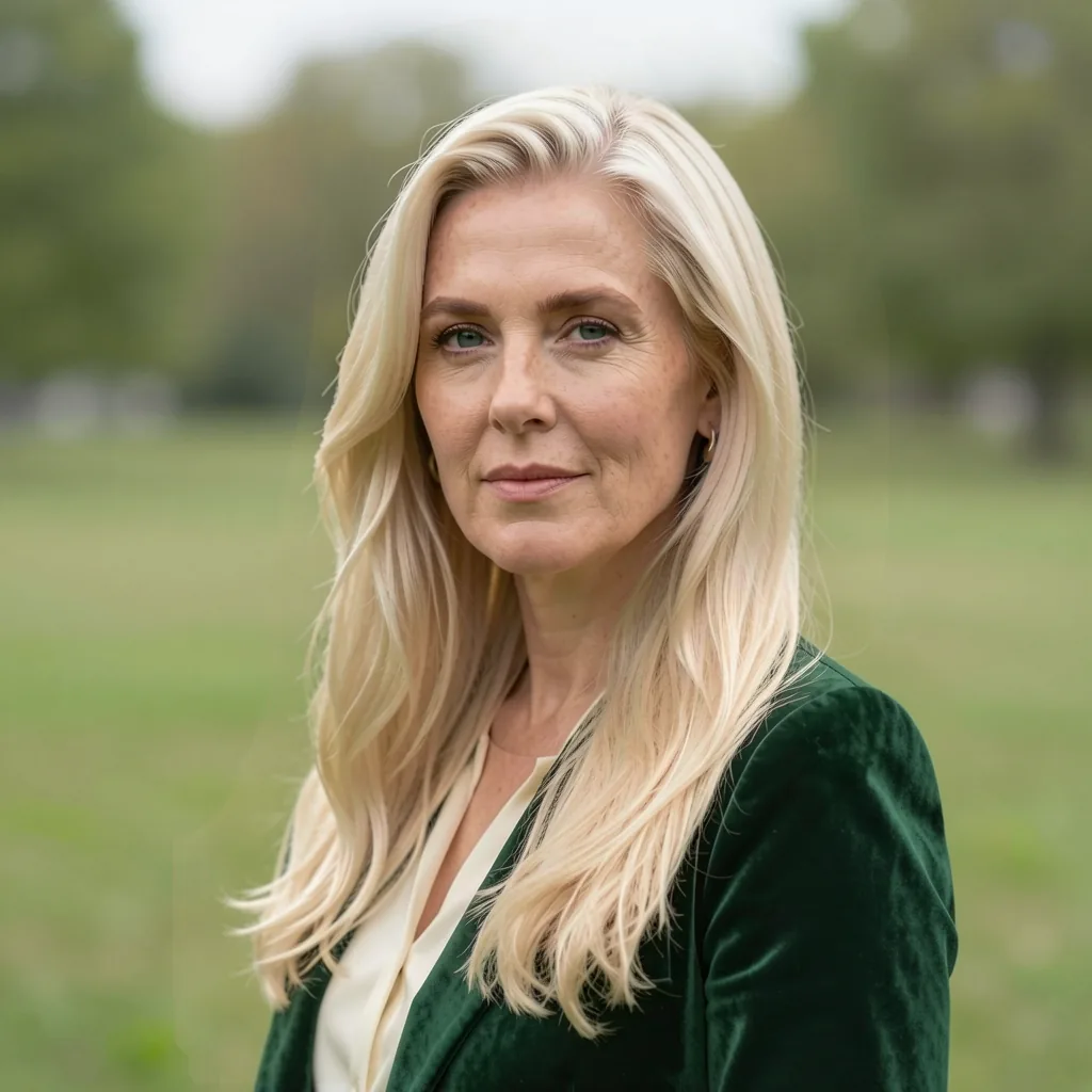 Character Swap result in the same pose and park with platinum-blonde hair and an emerald velvet blazer