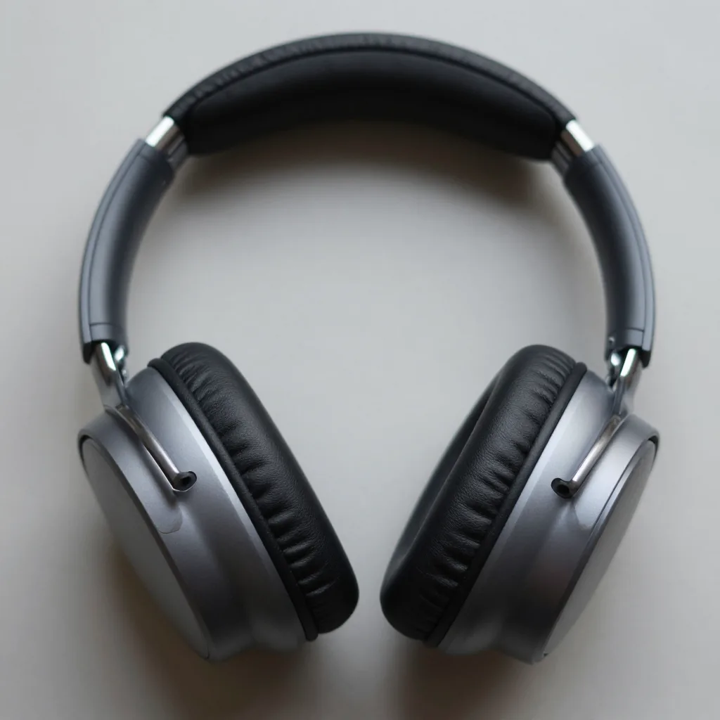 Over-ear headphones on a simple surface showing fabric, metal and plastic materials