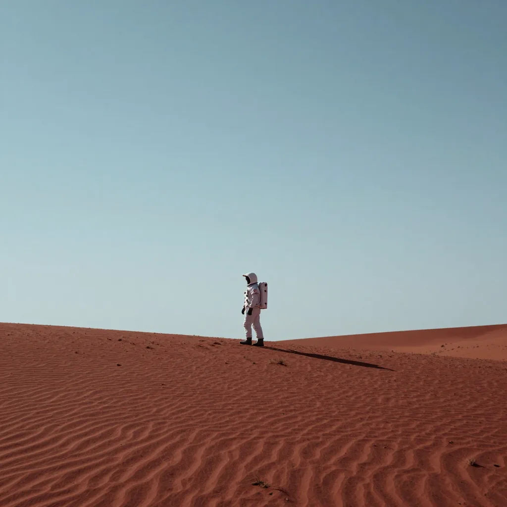 Astronaut standing in an expansive red desert under a pale blue sky